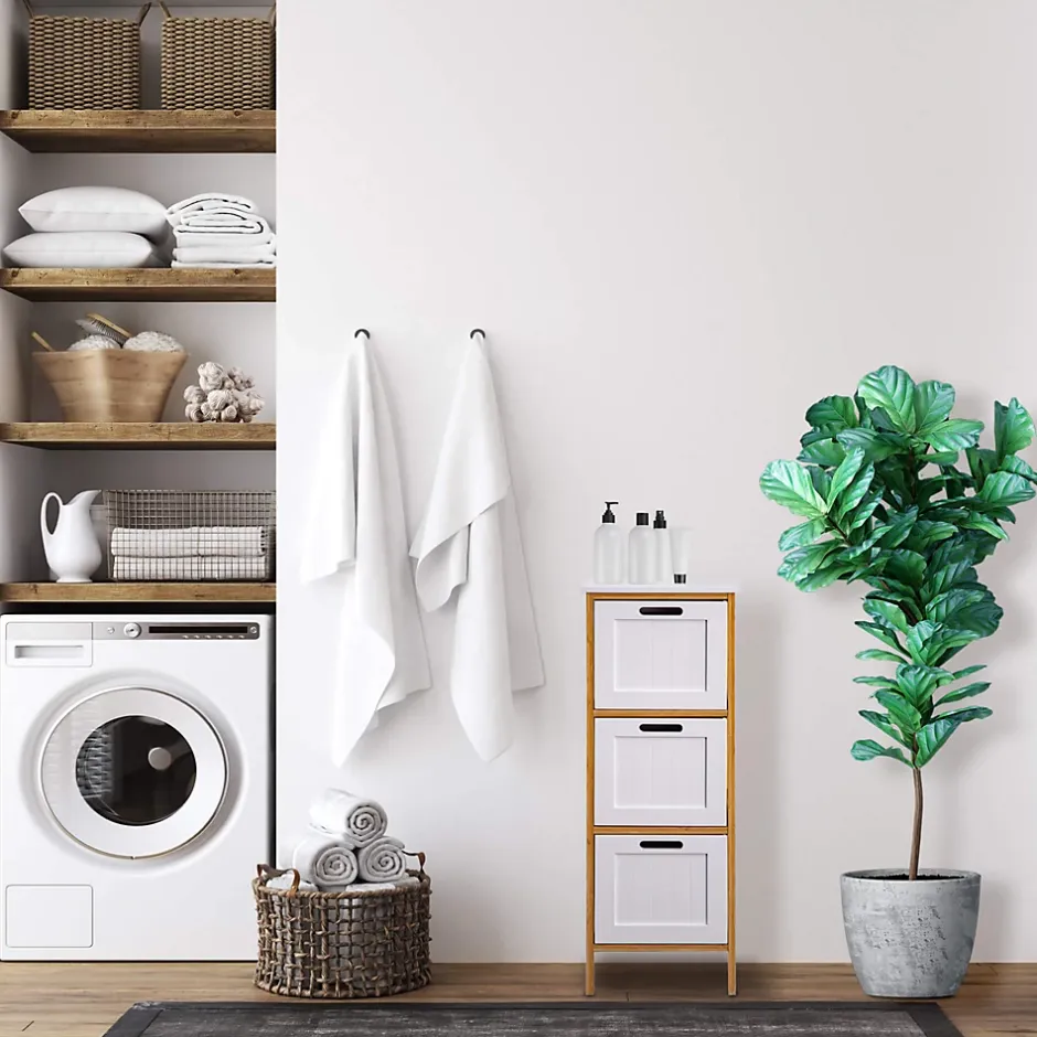Mobili Rebecca Commode de Salle de Bains 3 Tiroirs MDF Bambu Blanc Marron Rebecca Mobili