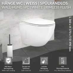 Luxebath Cuvette WC suspendu sans rebord céramique blanc abattant softclose nano revêt* Wc Suspendu