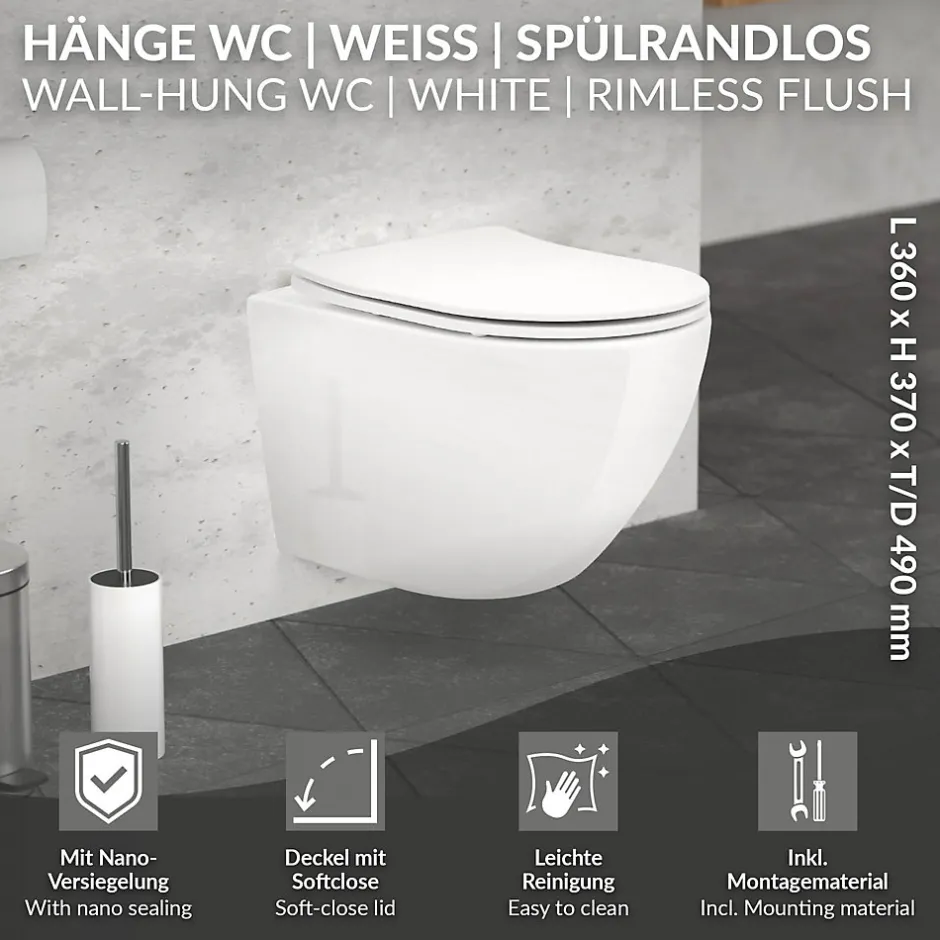 Luxebath Cuvette WC suspendu sans rebord céramique blanc abattant softclose nano revêt* Wc Suspendu