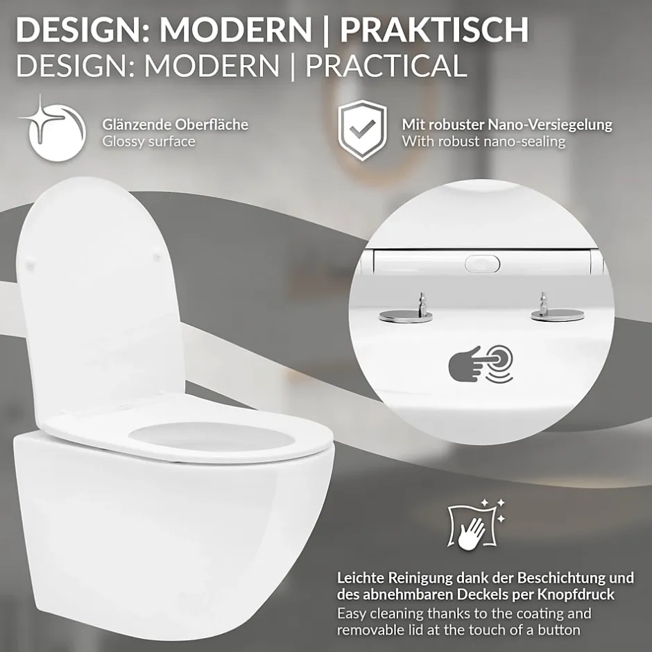 Luxebath Cuvette WC suspendu sans rebord céramique blanc abattant softclose nano revêt* Wc Suspendu