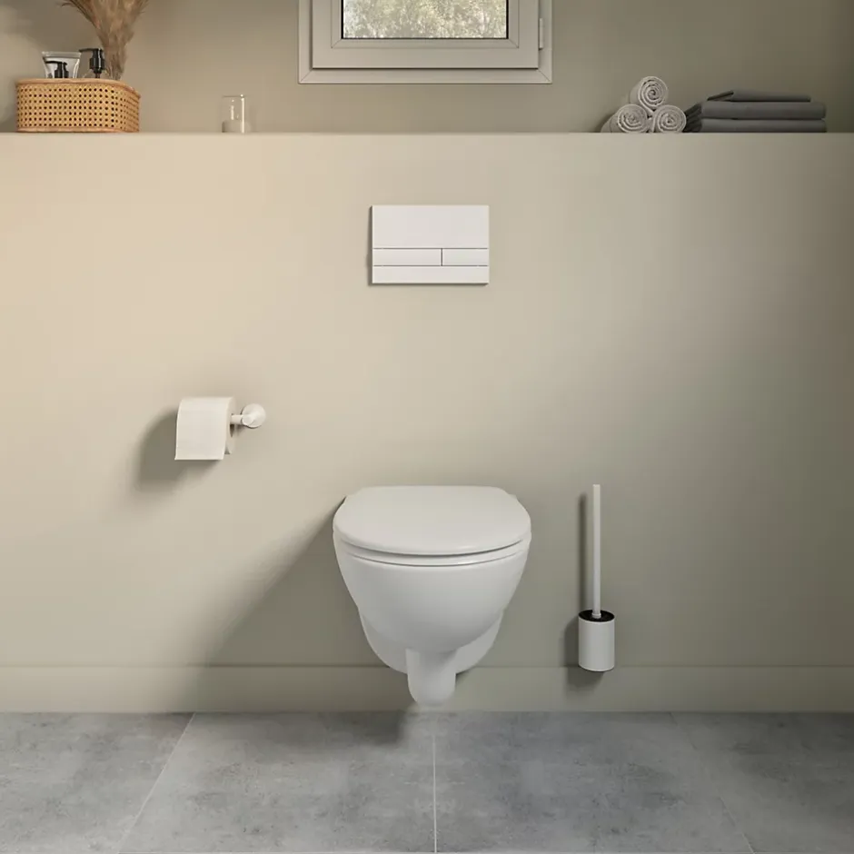 GoodHome Cuvette WC suspendue compacte sans bord avec abattant et frein de chute, sortie horizontale, blanc, Tasi