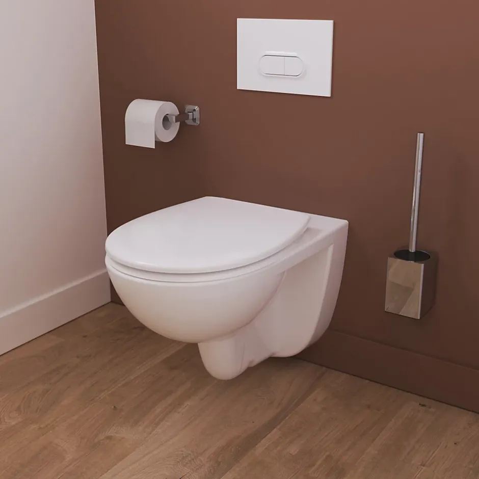 GoodHome Cuvette WC suspendue compacte sans bord avec abattant et frein de chute, sortie horizontale, blanc, Tasi
