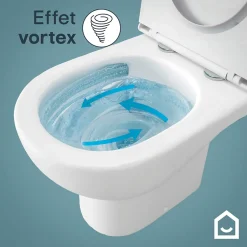 GoodHome Cuvette WC suspendue sans bride avec abattant déclipsable et frein de chute, sortie horizontale, blanc, effet Vortex, Cavally