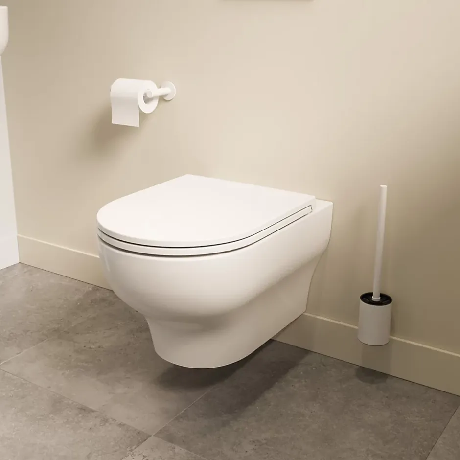 GoodHome Cuvette WC suspendue sans bride avec abattant déclipsable et frein de chute, sortie horizontale, blanc, effet Vortex, Cavally