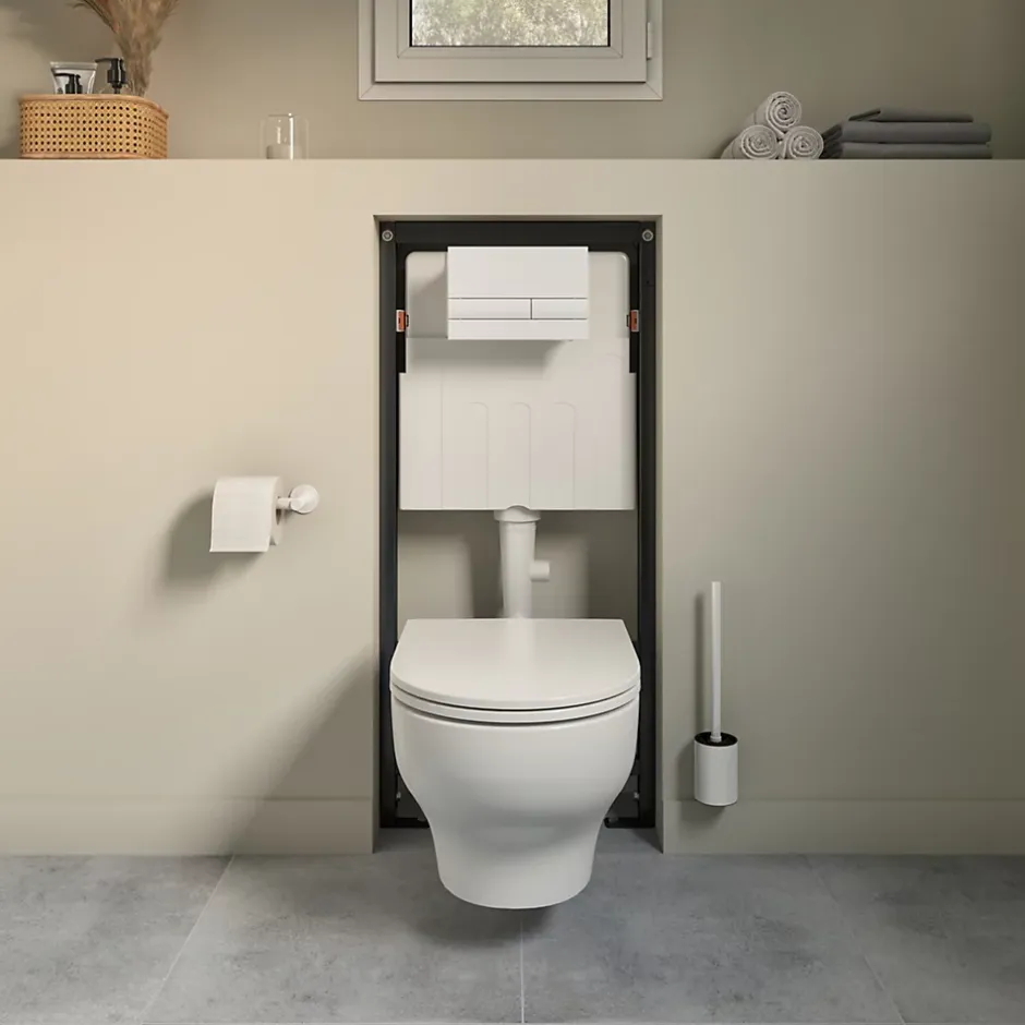 GoodHome Cuvette WC suspendue sans bride avec abattant déclipsable et frein de chute, sortie horizontale, blanc, effet Vortex, Cavally