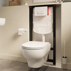 GoodHome Cuvette WC suspendue sans bride avec abattant déclipsable et frein de chute, sortie horizontale, blanc, effet Vortex, Cavally
