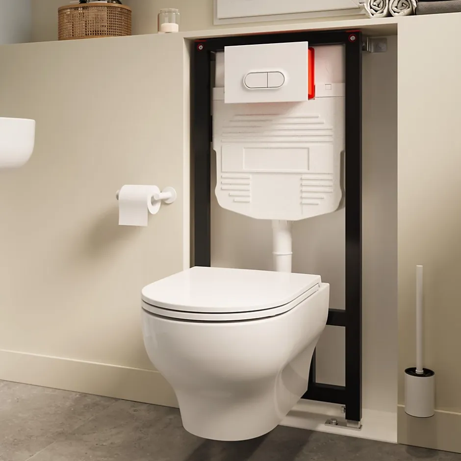 GoodHome Cuvette WC suspendue sans bride avec abattant déclipsable et frein de chute, sortie horizontale, blanc, effet Vortex, Cavally