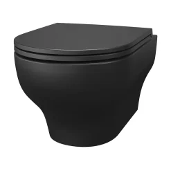 GoodHome Cuvette WC suspendue sans bride avec abattant déclipsable et frein de chute, sortie horizontale, noir, effet Vortex, Cavally