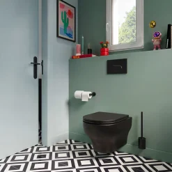 GoodHome Cuvette WC suspendue sans bride avec abattant déclipsable et frein de chute, sortie horizontale, noir, effet Vortex, Cavally