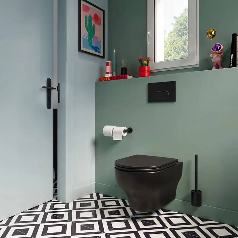 GoodHome Cuvette WC suspendue sans bride avec abattant déclipsable et frein de chute, sortie horizontale, noir, effet Vortex, Cavally