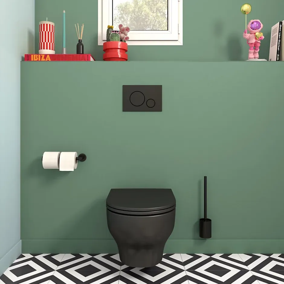 GoodHome Cuvette WC suspendue sans bride avec abattant déclipsable et frein de chute, sortie horizontale, noir, effet Vortex, Cavally