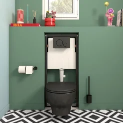 GoodHome Cuvette WC suspendue sans bride avec abattant déclipsable et frein de chute, sortie horizontale, noir, effet Vortex, Cavally