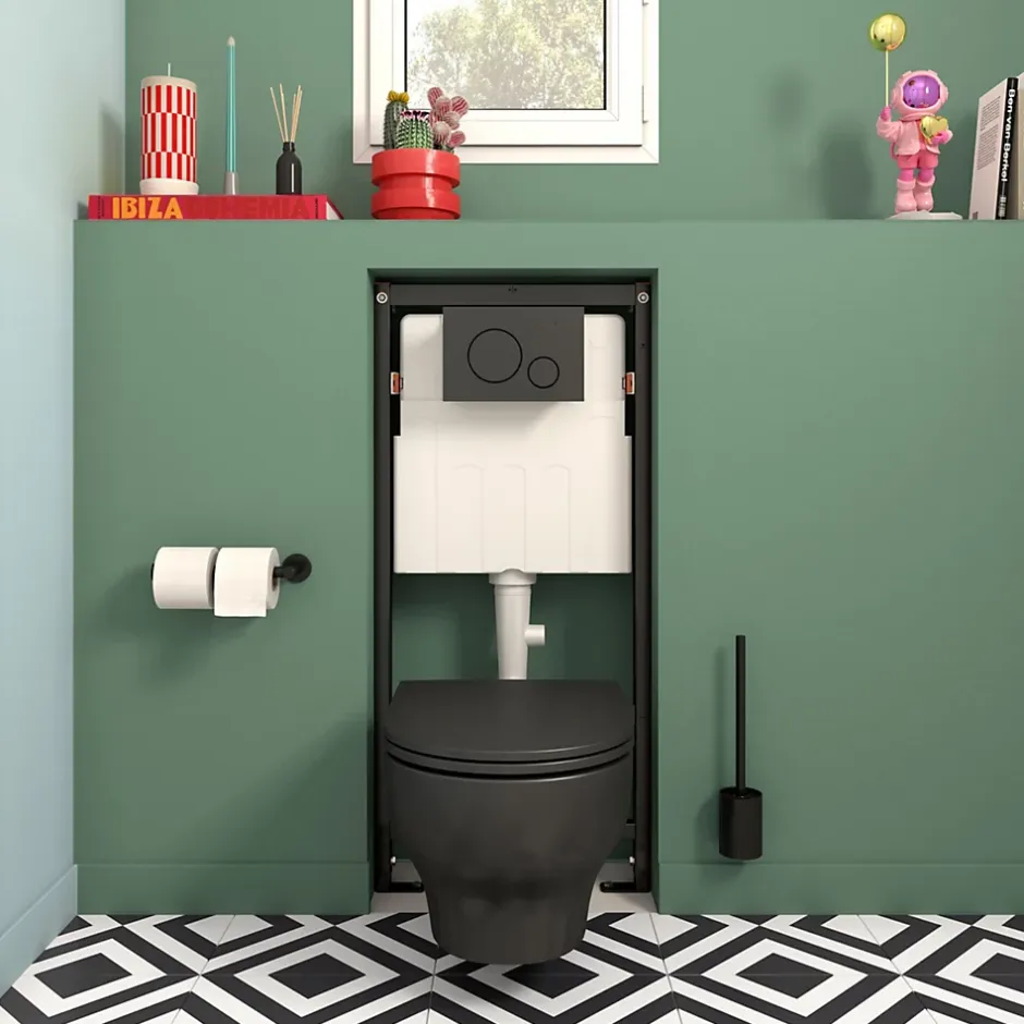 GoodHome Cuvette WC suspendue sans bride avec abattant déclipsable et frein de chute, sortie horizontale, noir, effet Vortex, Cavally