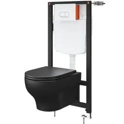 GoodHome Cuvette WC suspendue sans bride avec abattant déclipsable et frein de chute, sortie horizontale, noir, effet Vortex, Cavally