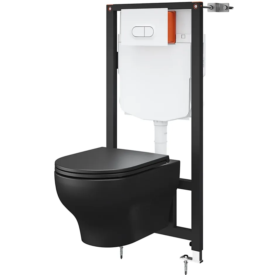 GoodHome Cuvette WC suspendue sans bride avec abattant déclipsable et frein de chute, sortie horizontale, noir, effet Vortex, Cavally
