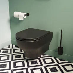 GoodHome Cuvette WC suspendue sans bride avec abattant déclipsable et frein de chute, sortie horizontale, noir, effet Vortex, Cavally