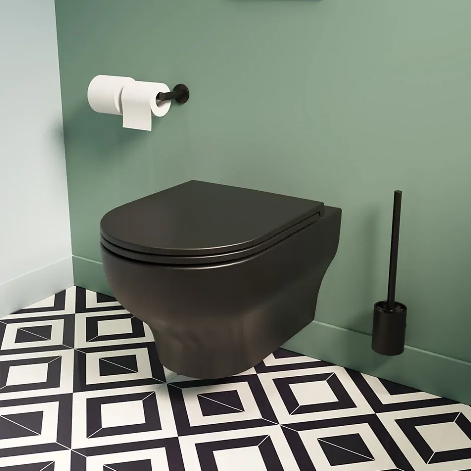 GoodHome Cuvette WC suspendue sans bride avec abattant déclipsable et frein de chute, sortie horizontale, noir, effet Vortex, Cavally