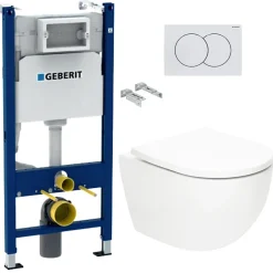 Geberit Delta Pack WC Bâti support Duofix 112 cm + WC SAT Tornado sans bride + Abattant SoftClose + Plaque blanche (TORNADOGEB3)