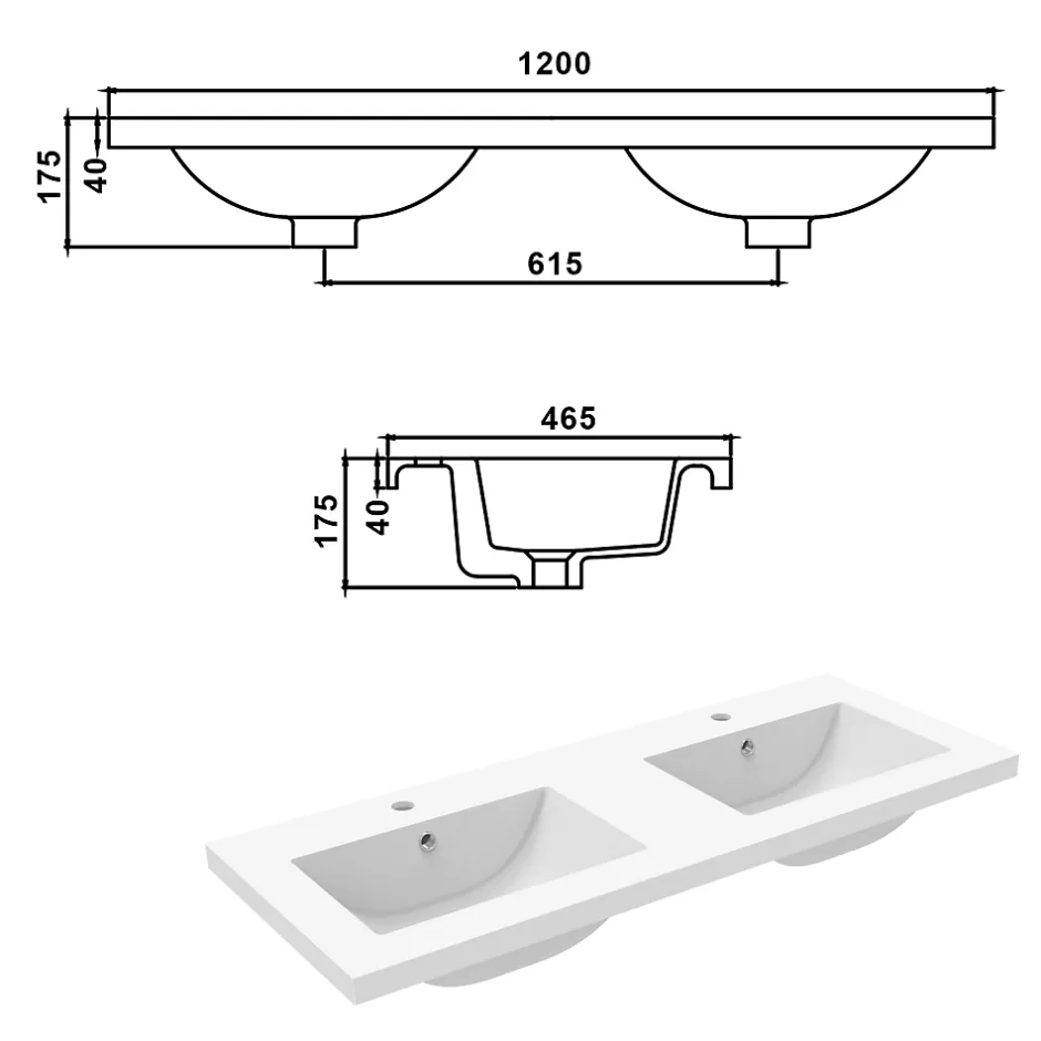 AICA Sanitaire Double lavabo blanc 120x46.5x17.5 cm, Lavabo rectangulaire en marbre artificiel,