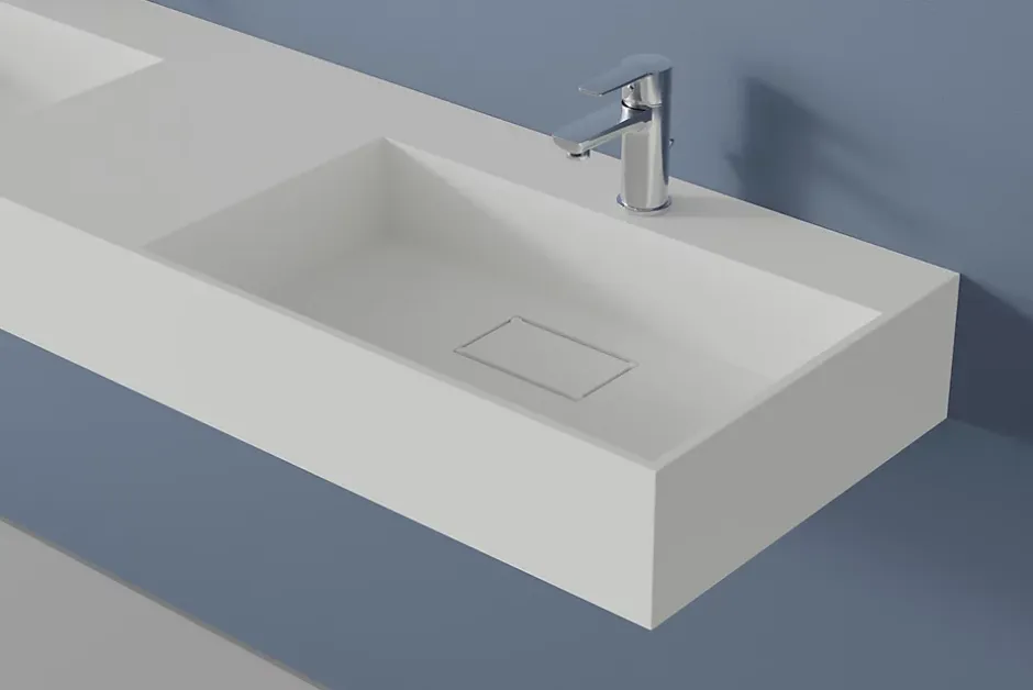 Bernstein Double vasque murale 153x45x15cm en fonte minérale - blanc mat - TWG231* Lavabo