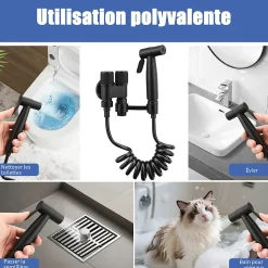 ProximaX Douchette de bidet pour toilettes en acier inoxydable, 1-en-2 sorties, double commande, robinet et tuyau, pour toilettes, animaux