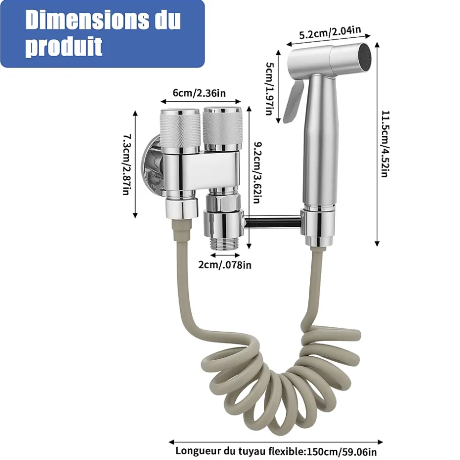 ProximaX Douchette de bidet pour toilettes, 1-en-2 sorties, double commande, robinet et tuyau, animaux et nettoyage salle de bain, Argent* Robinet De Bidet