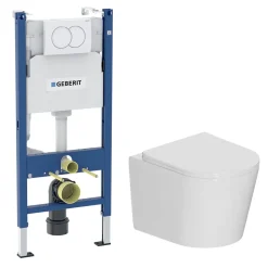 Geberit Duofix Pack WC bâti-support + WC suspendu sans bride avec abattant SoftClose Ceramia + plaque blanche (GEBCE14WT05-FR)