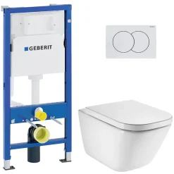 Geberit Duofix pack WC bâti-support UP100 + WC suspendu sans bride Roca avec abattant SoftClose + plaque blanche (GEBROGAWR02-FR)