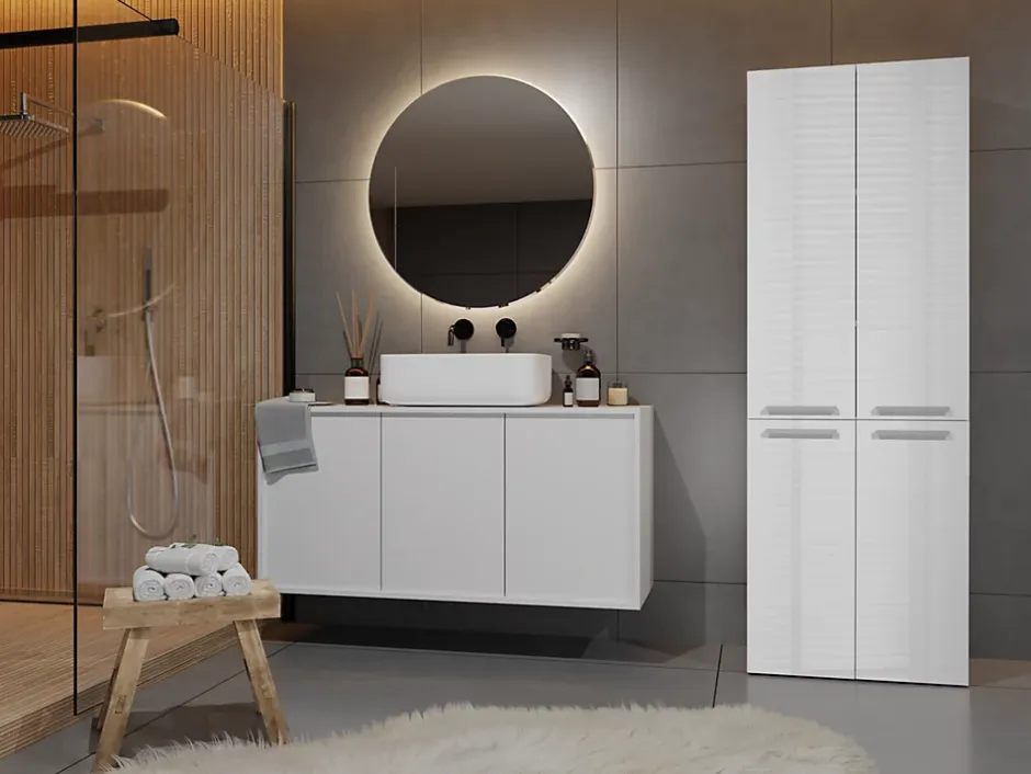 Topeshop ELLOS - Armoire de salle de bain avec deux paniers - Poignées minimalistes - 174x60x30cms - Colonne de rangement