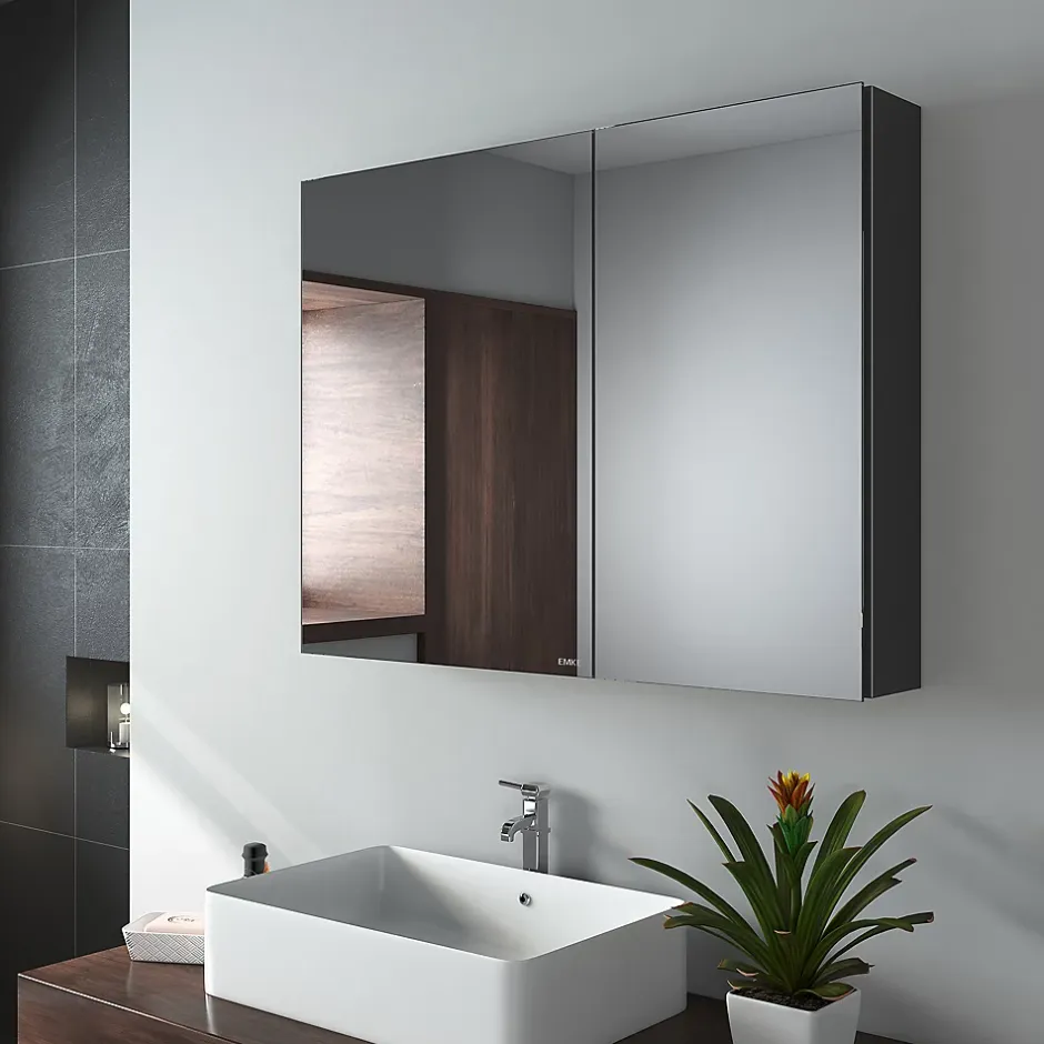 EMKE Armoire de toilette murale avec miroir double face - 85x65 cm- Noir mat - Fermeture douce - Tablettes en verre réglables