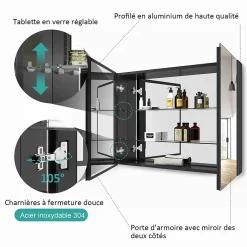 EMKE Armoire de toilette murale avec miroir double face - 85x65 cm- Noir mat - Fermeture douce - Tablettes en verre réglables