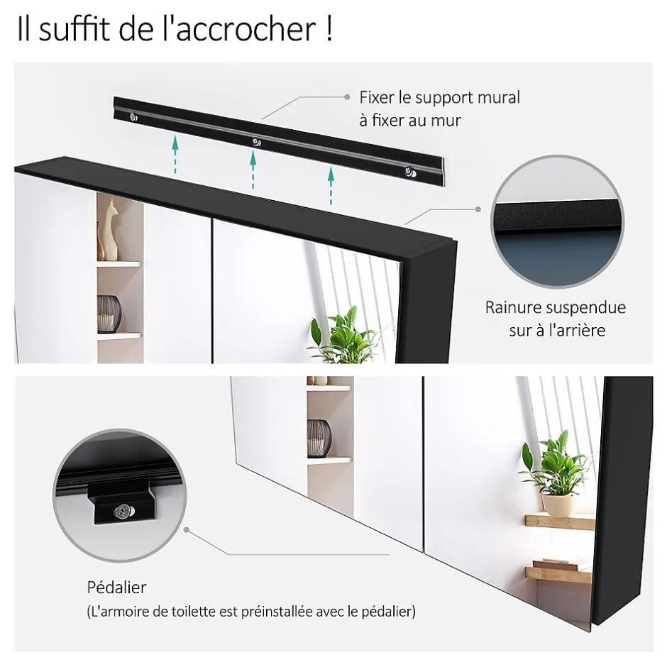 EMKE Armoire de toilette murale avec miroir double face - 85x65 cm- Noir mat - Fermeture douce - Tablettes en verre réglables