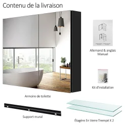 EMKE Armoire de toilette murale avec miroir double face - 85x65 cm- Noir mat - Fermeture douce - Tablettes en verre réglables