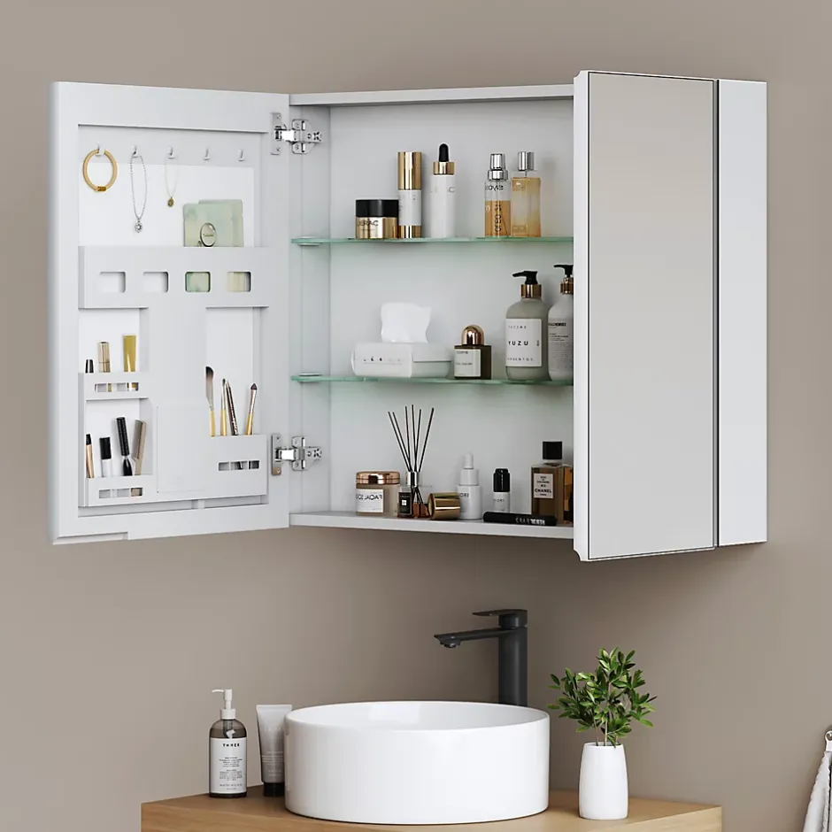 EMKE Armoire de toilette 2 portes 65x80 cm blanche, miroir avec rangement intégré, tablettes en verre réglables