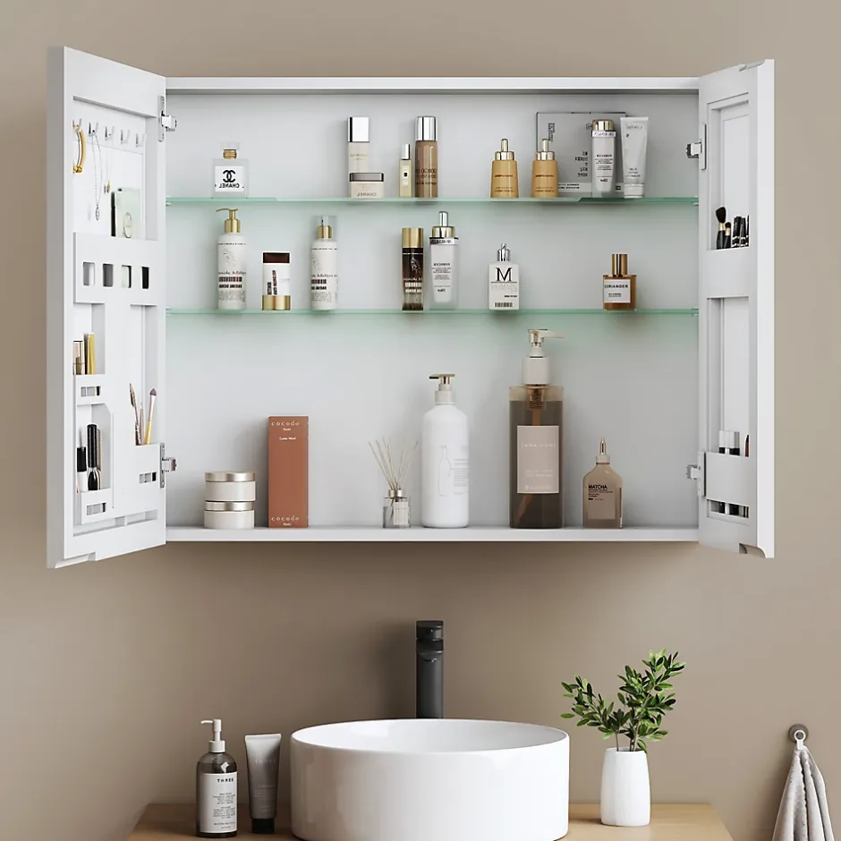 EMKE Armoire de toilette 2 portes 65x80 cm blanche, miroir avec rangement intégré, tablettes en verre réglables