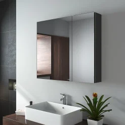 EMKE Armoire de toilette murale avec miroir double face - 75x65 cm- Noir mat - Fermeture douce - Tablettes en verre réglables