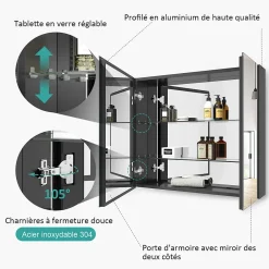 EMKE Armoire de toilette murale avec miroir double face - 75x65 cm- Noir mat - Fermeture douce - Tablettes en verre réglables