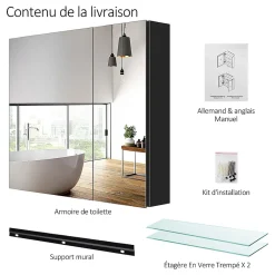 EMKE Armoire de toilette murale avec miroir double face - 75x65 cm- Noir mat - Fermeture douce - Tablettes en verre réglables