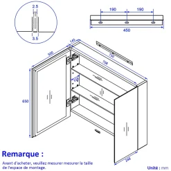 EMKE Armoire de toilette murale avec miroir double face - 75x65 cm- Noir mat - Fermeture douce - Tablettes en verre réglables