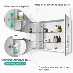 EMKE Armoire de toilette murale - Miroir double face, blanc mat - 75 x 65 cm - Fermeture douce - Tablettes en verre réglables* Armoire De Toilette