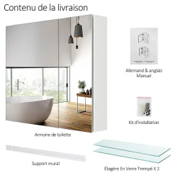 EMKE Armoire de toilette murale - Miroir double face, blanc mat - 75 x 65 cm - Fermeture douce - Tablettes en verre réglables* Armoire De Toilette