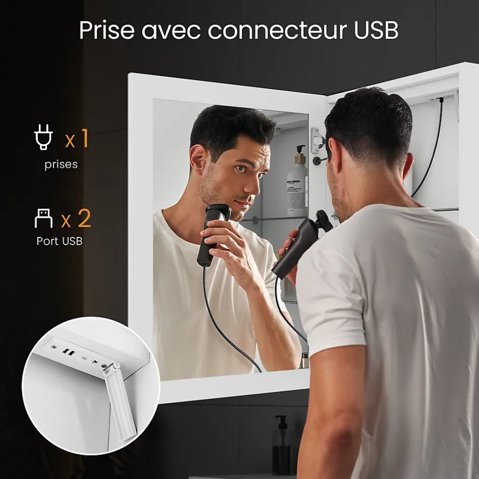 EMKE Armoire de Toilette 1 Porte - Charnières Gauche, LED Ajustable 3000K-6500K, Anti-Buée, Soft Close, Prises USB* Armoire De Toilette