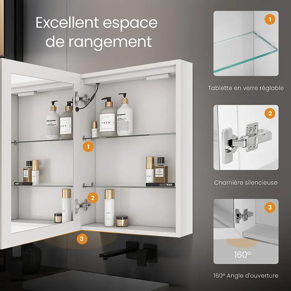 EMKE Armoire de Toilette 1 Porte - Charnières Gauche, LED Ajustable 3000K-6500K, Anti-Buée, Soft Close, Prises USB* Armoire De Toilette