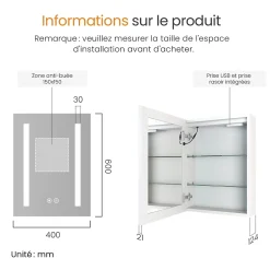 EMKE Armoire de Toilette 1 Porte - Charnières Gauche, LED Ajustable 3000K-6500K, Anti-Buée, Soft Close, Prises USB* Armoire De Toilette