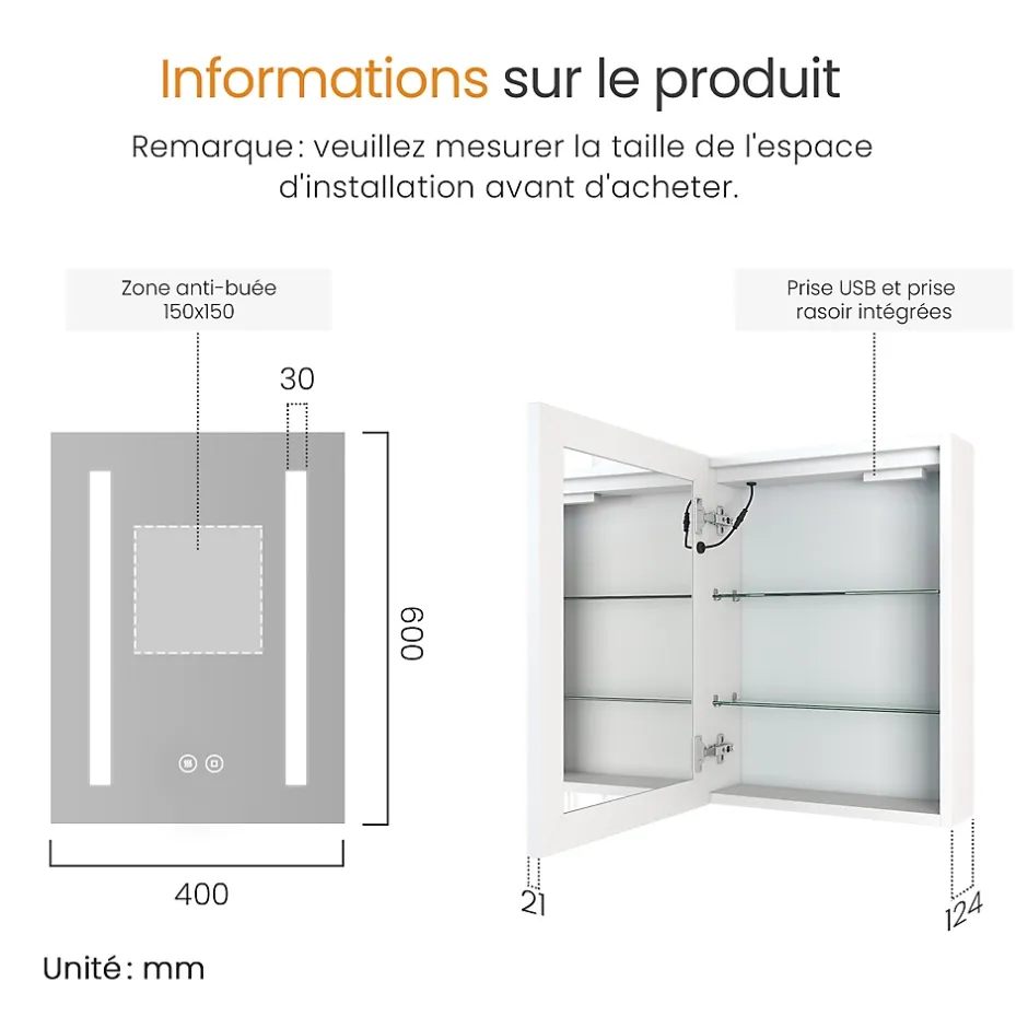 EMKE Armoire de Toilette 1 Porte - Charnières Gauche, LED Ajustable 3000K-6500K, Anti-Buée, Soft Close, Prises USB* Armoire De Toilette