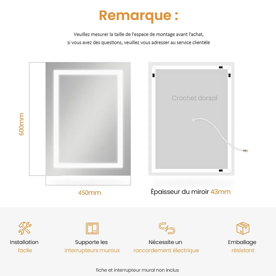 EMKE Armoire de Toilette 1 Porte - Charnières Gauche, LED Ajustable 3000K-6500K, Anti-Buée, Soft Close, Prises USB* Armoire De Toilette