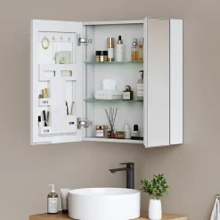EMKE Armoire de toilette 2 portes 65x50 cm blanche, miroir avec rangement intégré, tablettes en verre réglables* Armoire De Toilette