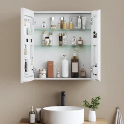 EMKE Armoire de toilette 2 portes 65x50 cm blanche, miroir avec rangement intégré, tablettes en verre réglables* Armoire De Toilette