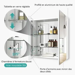 EMKE Armoire de toilette murale - Miroir double face, blanc mat - 60 x 65 cm - Fermeture douce - Tablettes en verre réglables* Armoire De Toilette