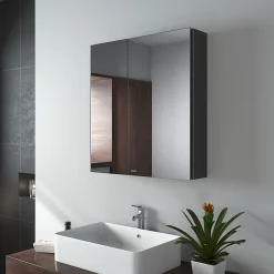 EMKE Armoire de toilette murale - Miroir double face, noir mat - 60 x 65 cm - Fermeture douce - Tablettes en verre réglables